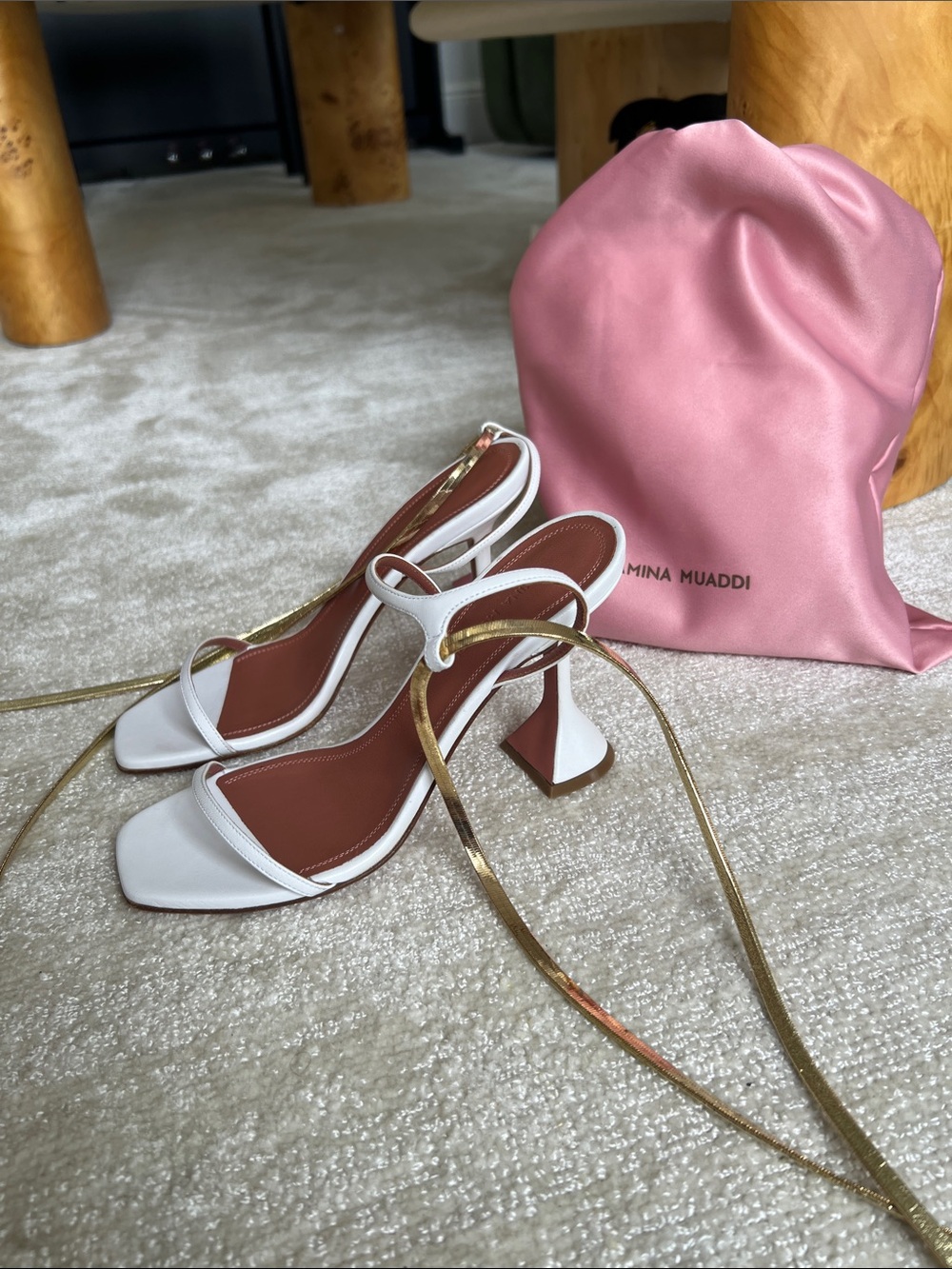 Amina Muaddi White Leather Sandals with Gold Tie Straps